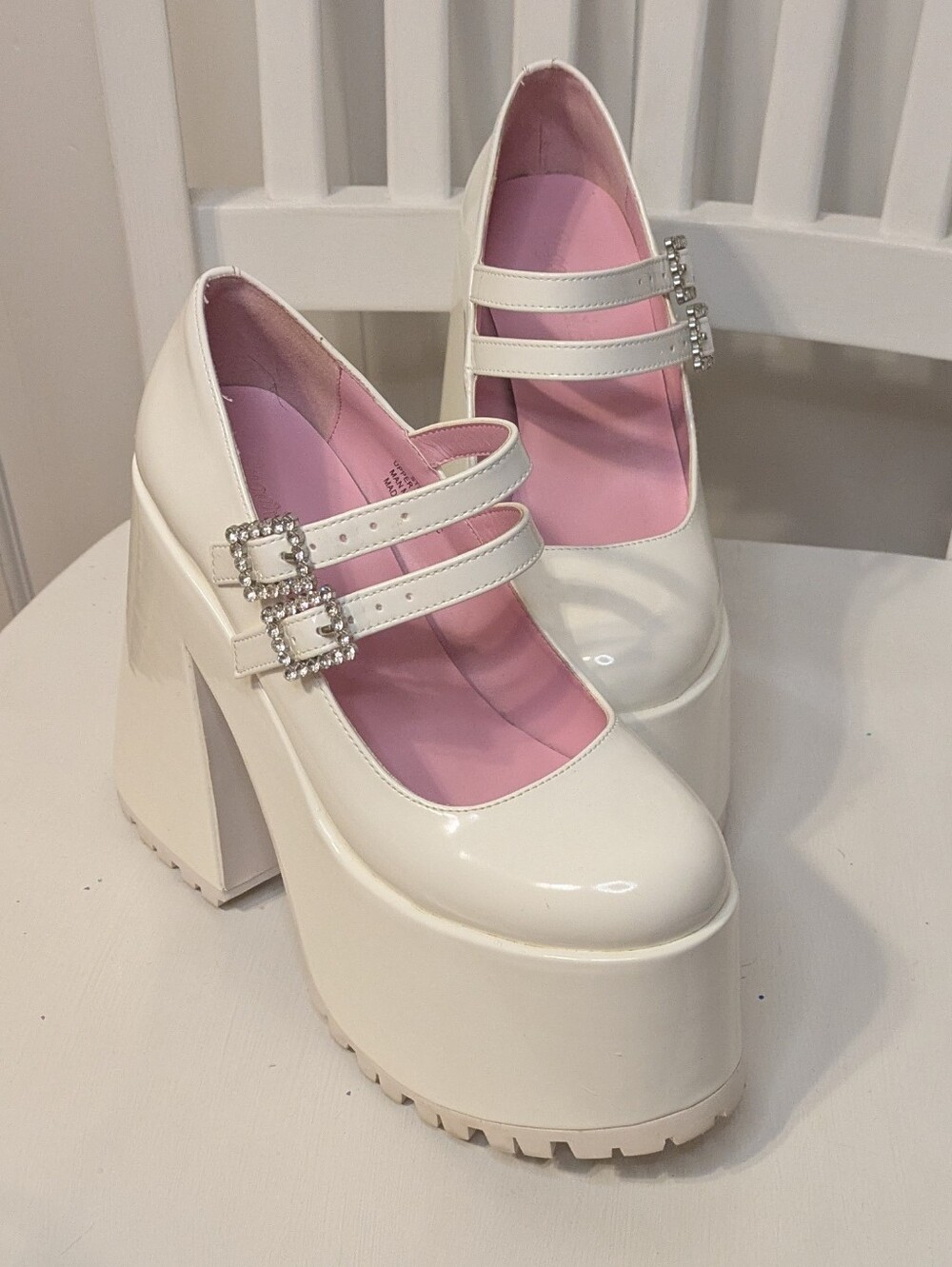 Dolls Kill Sugar Thrillz White Patent Leather Platform Mary Jane Block Heels
